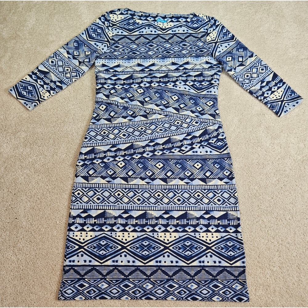 Quiet Luxury J. McLaughlin Nicola Dress Preppy M Blue White Geometric Catalina